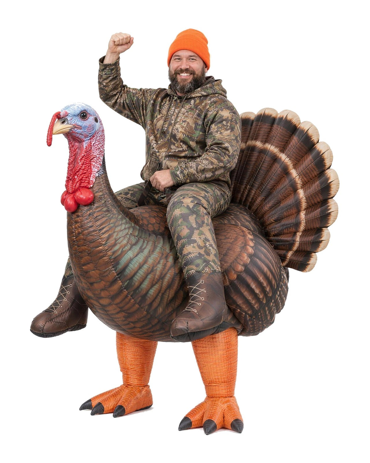 BUCKRIDE Ride-On Turkey inflatable hunting costume on a plain white background